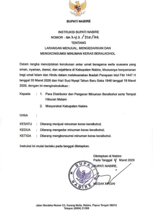 Bupati Nabire Terbitkan Istruksi Larangan Penjualan Miras Jelang Idul Fitri dan Nyepi
